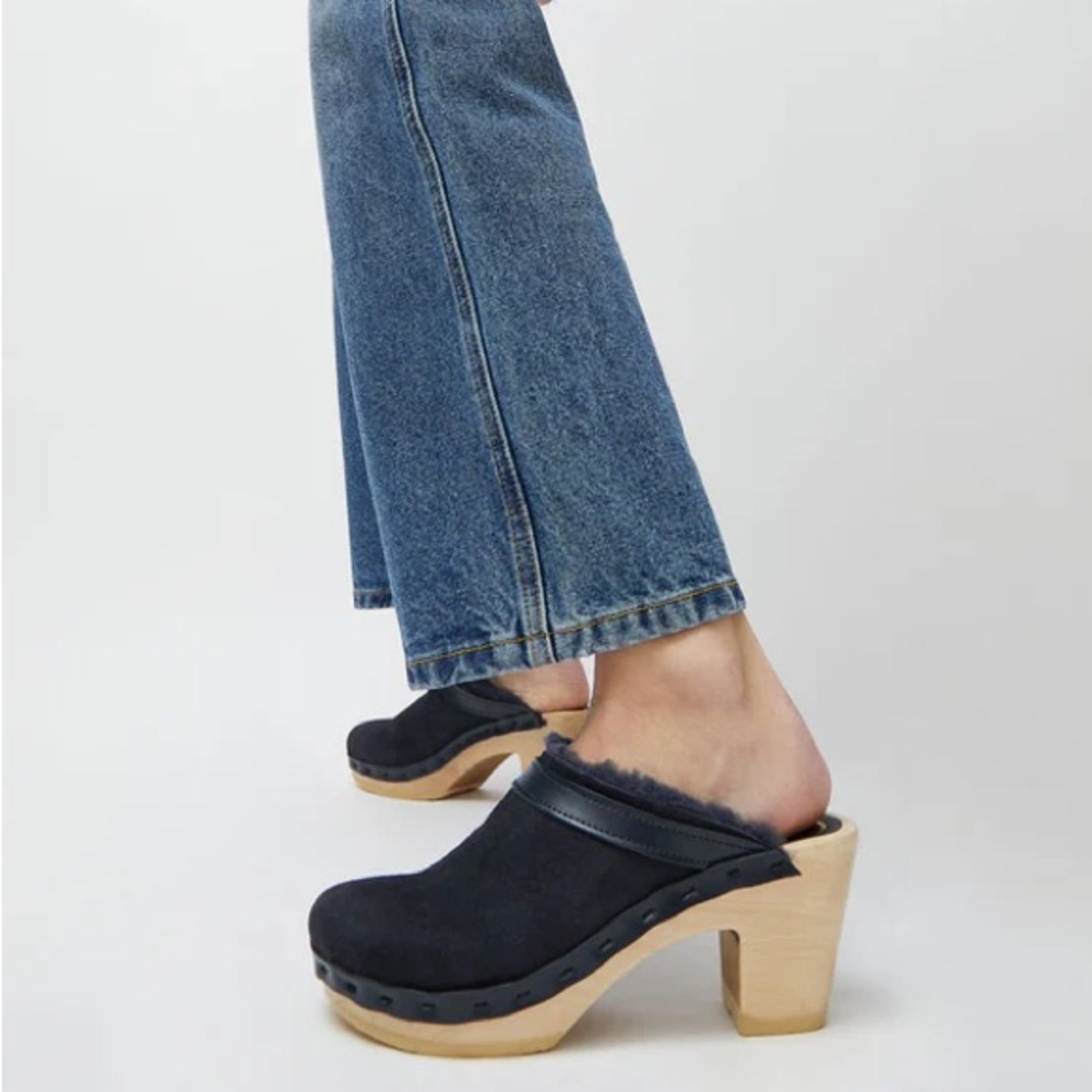 No.6 Dakota Shearling Clog on High Heel in Navy Suede and Night